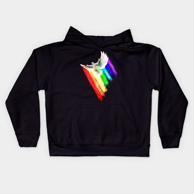 Happy Pidgeon Flying Over an even more Happy Rainbow Kids Hoodie by AtomicBanana